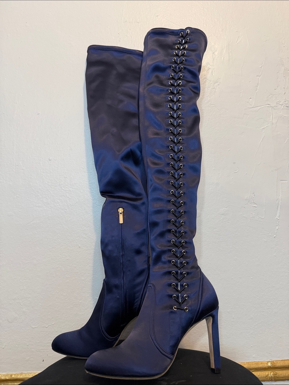 Jimmy Choo Satin Lace-Up Over-the-Knee Stiletto Boots - Navy